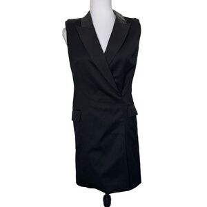 Rachel Zoe Tuxedo Dress Sleeveless Silk Blend‎ Lamb Leather Collar Black Size 2
